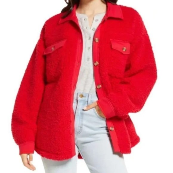 NWOT ANTHROPOLOGIE X Thread & Supply Sherpa Oversized Jacket Coat Red M - Picture 3 of 9